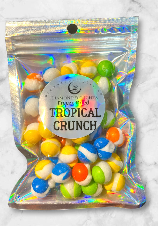 Freeze-dried tropical rainbow candy mix in clear bag with colorful packaging