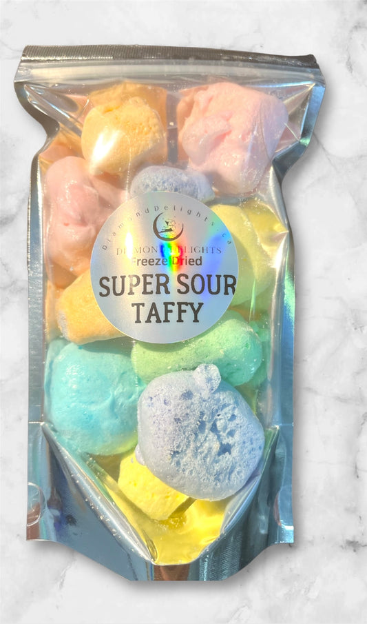 Freeze-dried sour salt water taffy in a colorful holographic bag