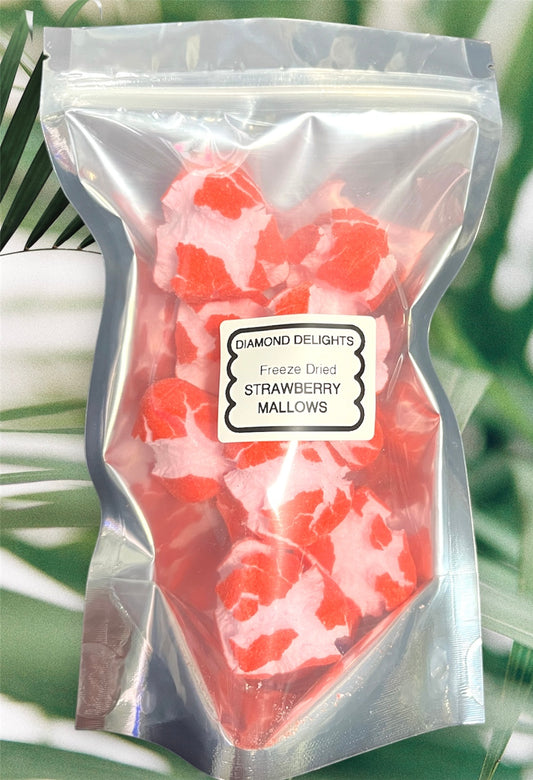 Freeze dried strawberry marshmallows in clear resealable bag
