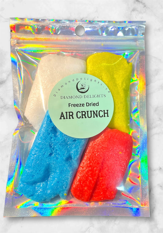 Front of bag showing colorful freeze dried Air Crunch candy in a holographic pouch