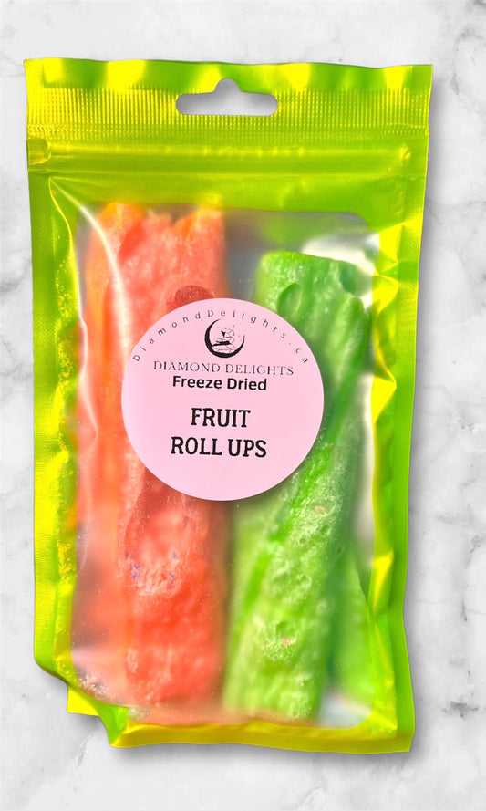Front of freeze dried fruit roll bag with bold pink label and gold foil pouch