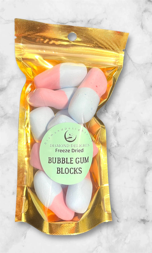 Holographic pouch of freeze-dried bubble gum blocks in bright pastel colors