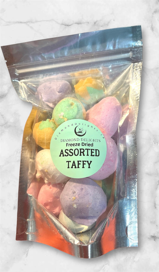 Colorful freeze dried salt water taffy in resealable 5x8 inch pouch