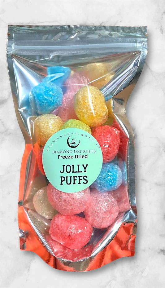 Front of bag with colorful freeze dried jolly puffs in a bright, clear pouch