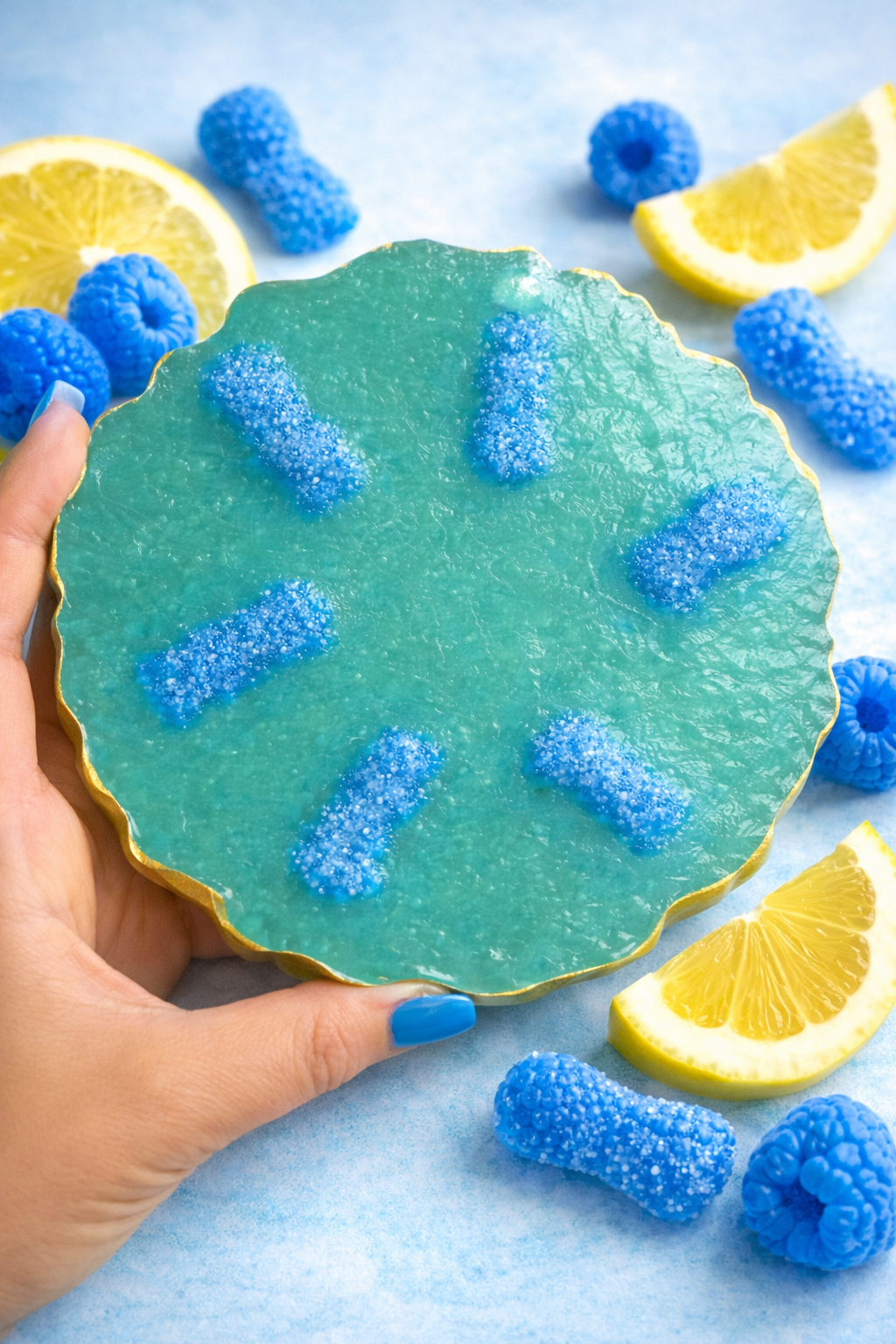 Blue Raspberry Lemonade Geode Slice with Blue Raspberry Sour Patch Kids