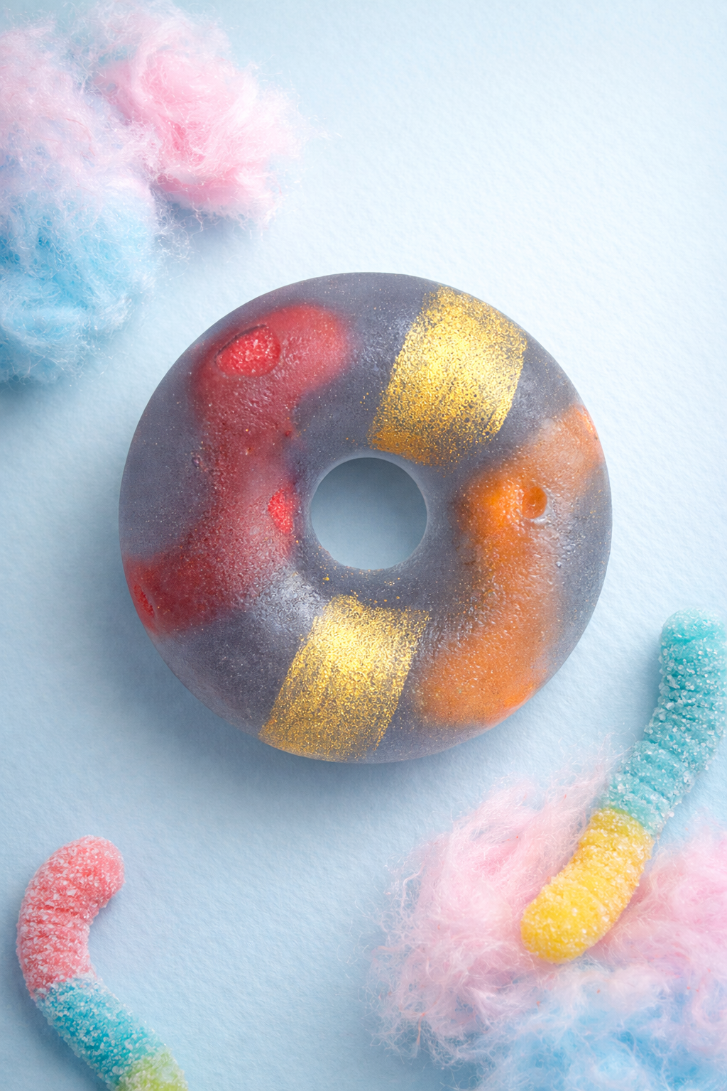 Cotton Candy Crystal Candy Donut with Sour Burst Worms