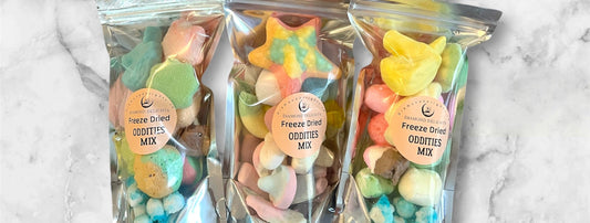 Multiple Freeze Dried Oddities Mix bags showing bright, fun packaging and candy inside