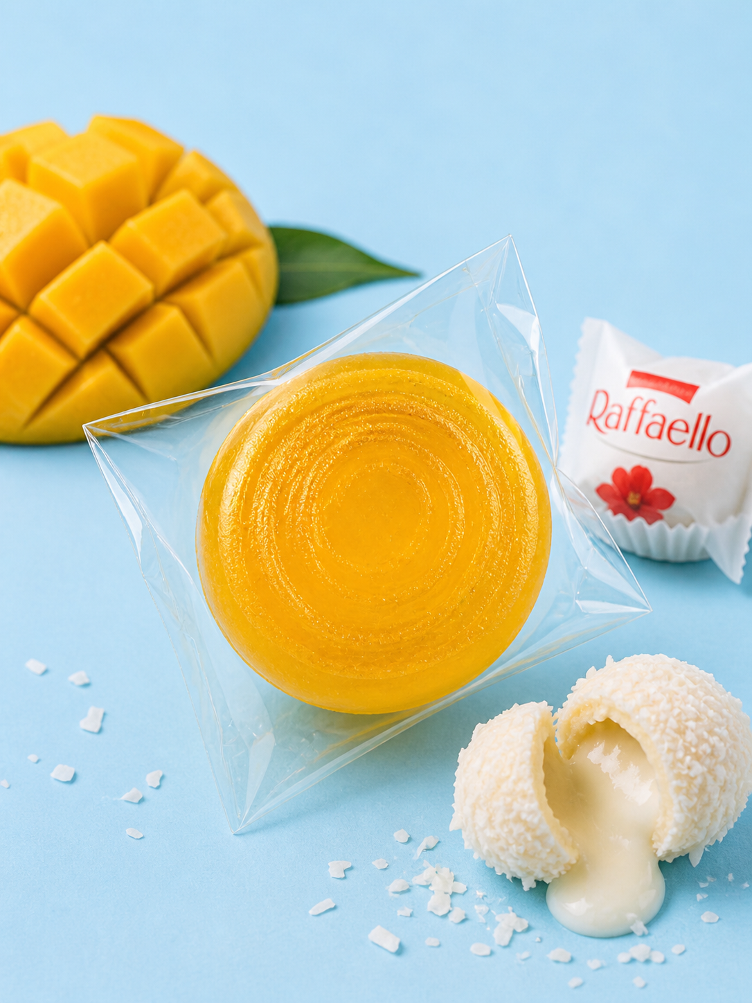 Mango Crystal Candy Stuffed with Raffaello Cream