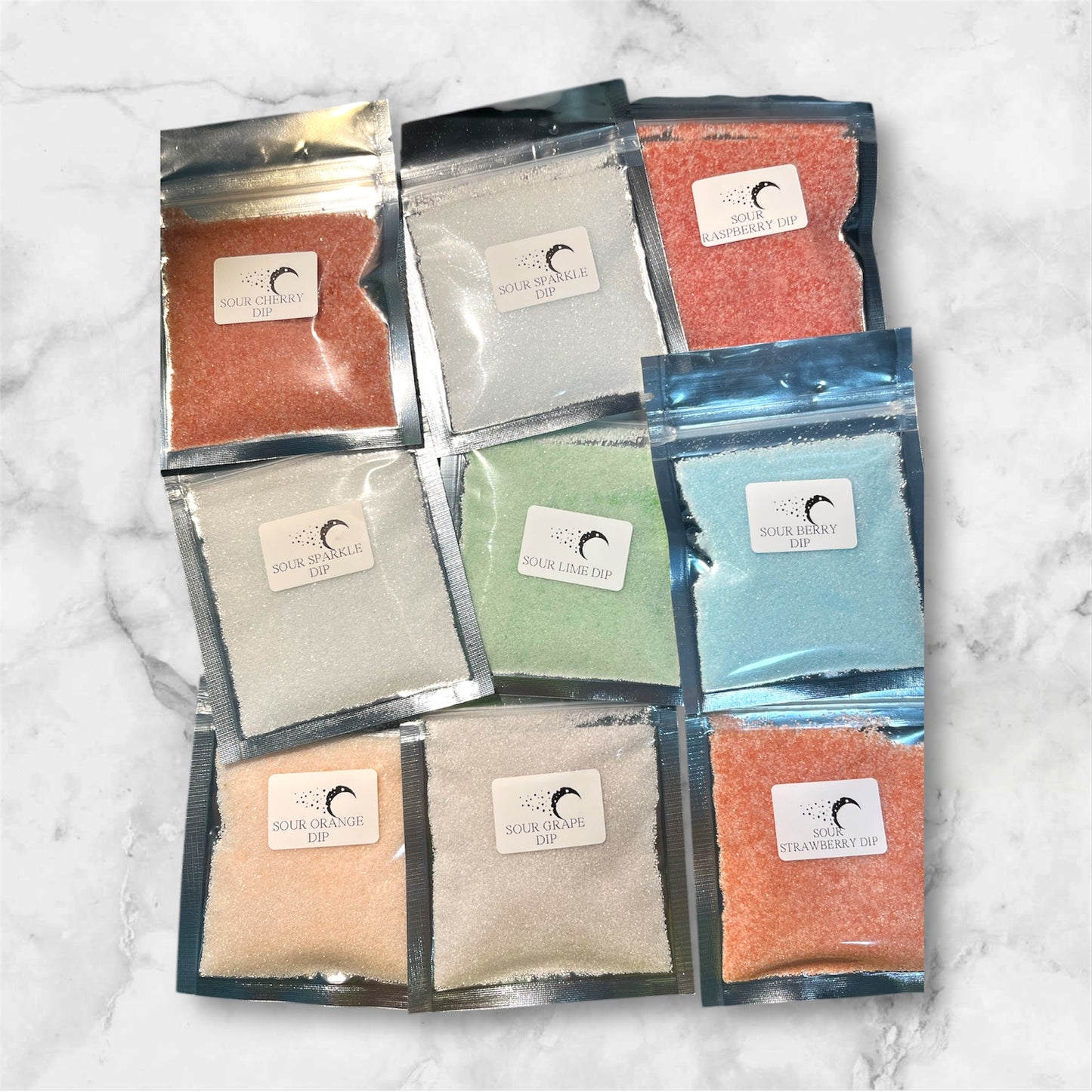Multiple sour dip packets in labeled foil bags