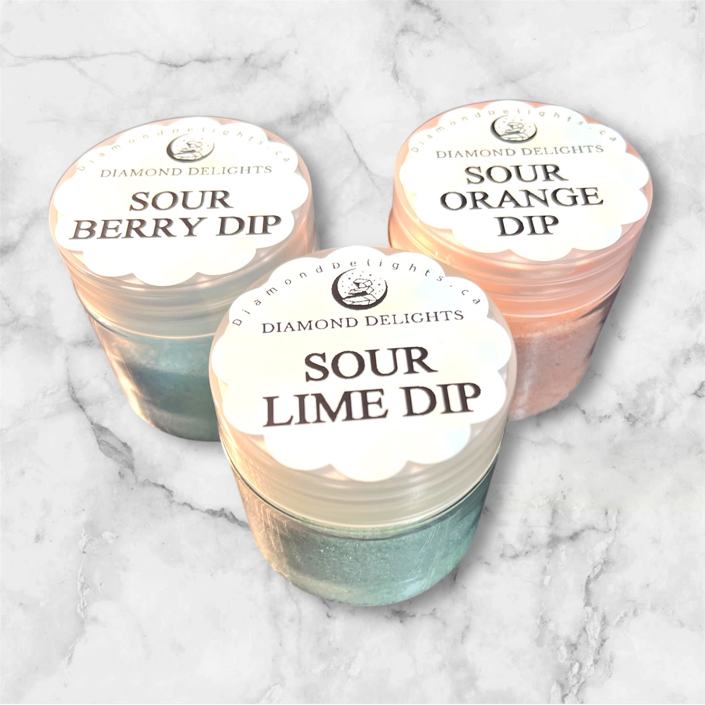 Sour Cherry, Grape, Lime Dip jars side by side