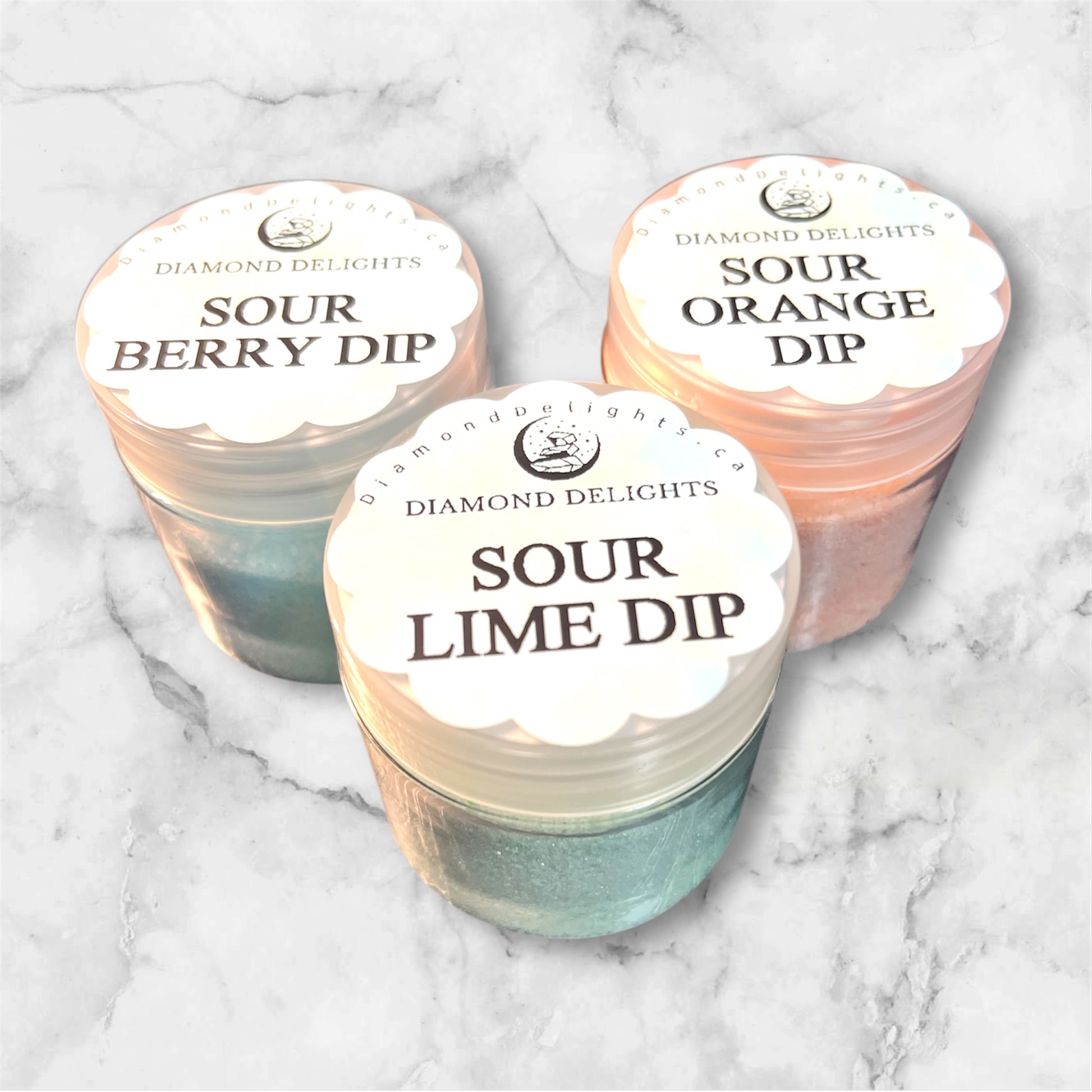 Sour Cherry, Grape, Lime Dip jars side by side