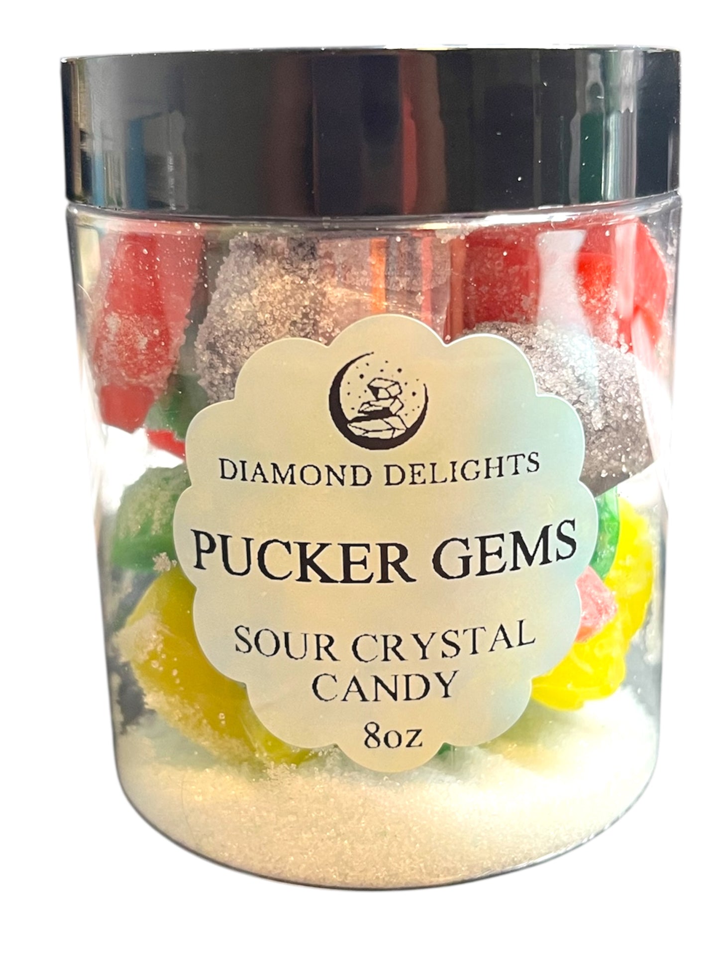 Jar of Diamond Delights Pucker Gems Sour Crystal Candy with colorful gummy candies inside.