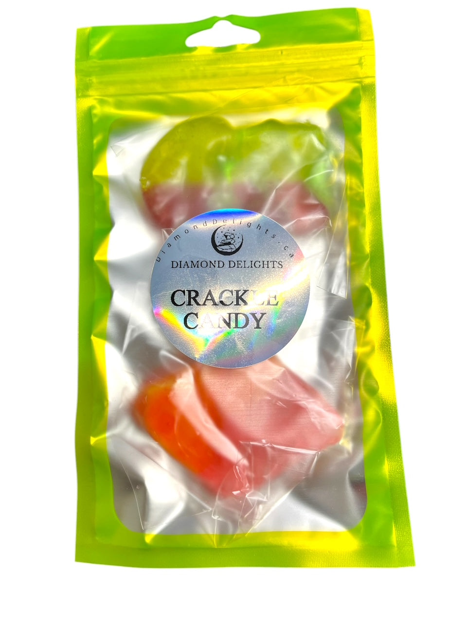 Close-up of two brightly colored Crackle Candy BUBS in a clear pouch with a neon green background, showcasing their glossy hard candy shell and vibrant fruity tones.