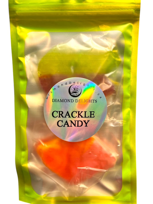 Lime-green pouch labeled Crackle Candy containing coated Swedish BUBS candies in assorted colors, shown with bright backgrounds and playful styling.