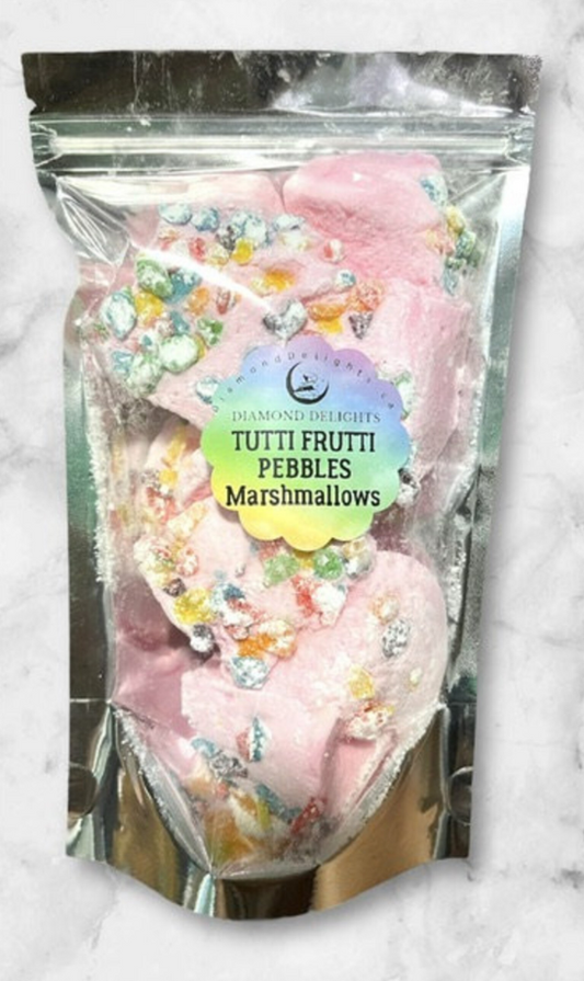Bag of pink marshmallows topped with Fruity Pebbles cereal in a resealable pouch.