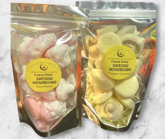 Freeze dried Swedish candy mushrooms in resealable 5x8 bag with assorted flavors