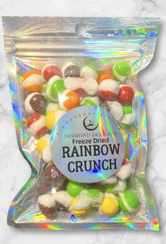 Front view of Rainbow Crunch bag with colorful freeze dried candies inside