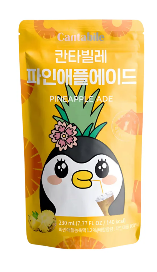 Cantabile Korean pineapple jelly drink in bright yellow resealable pouch with penguin