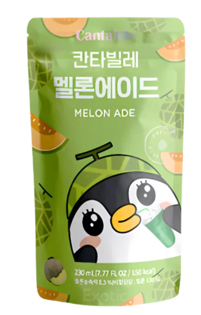 Cantabile Korean jelly drink, melon flavor in green pouch with penguin mascot
