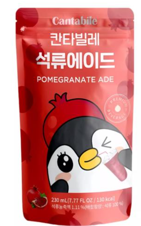 Cantabile Korean jelly drink, pomegranate flavor in red pouch with penguin mascot