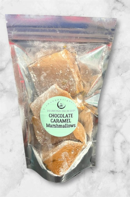 Bag of chocolate hazelnut marshmallows swirled with caramel, 140g resealable pouch.