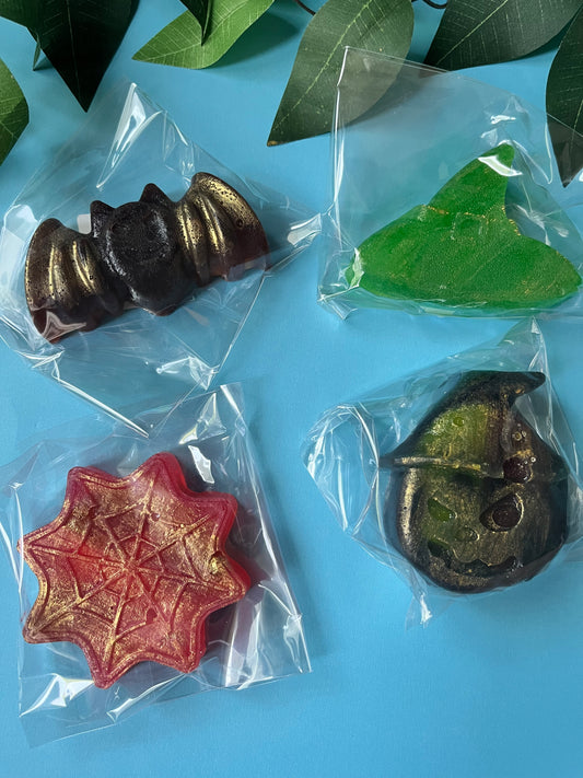 Decorative items including a green leaf, a star-shaped object, and a spiral-shaped object in clear packaging on a blue background.