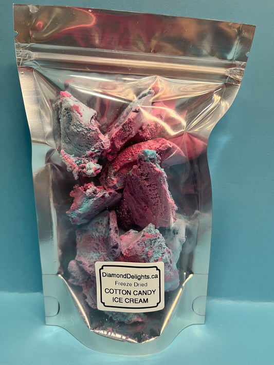 Freeze dried Cotton Candy Ice Cream.   In a 5x8 bag  Every bag is different and won’t always look like the picture  Unmeltable ice cream you can take anywhere!!