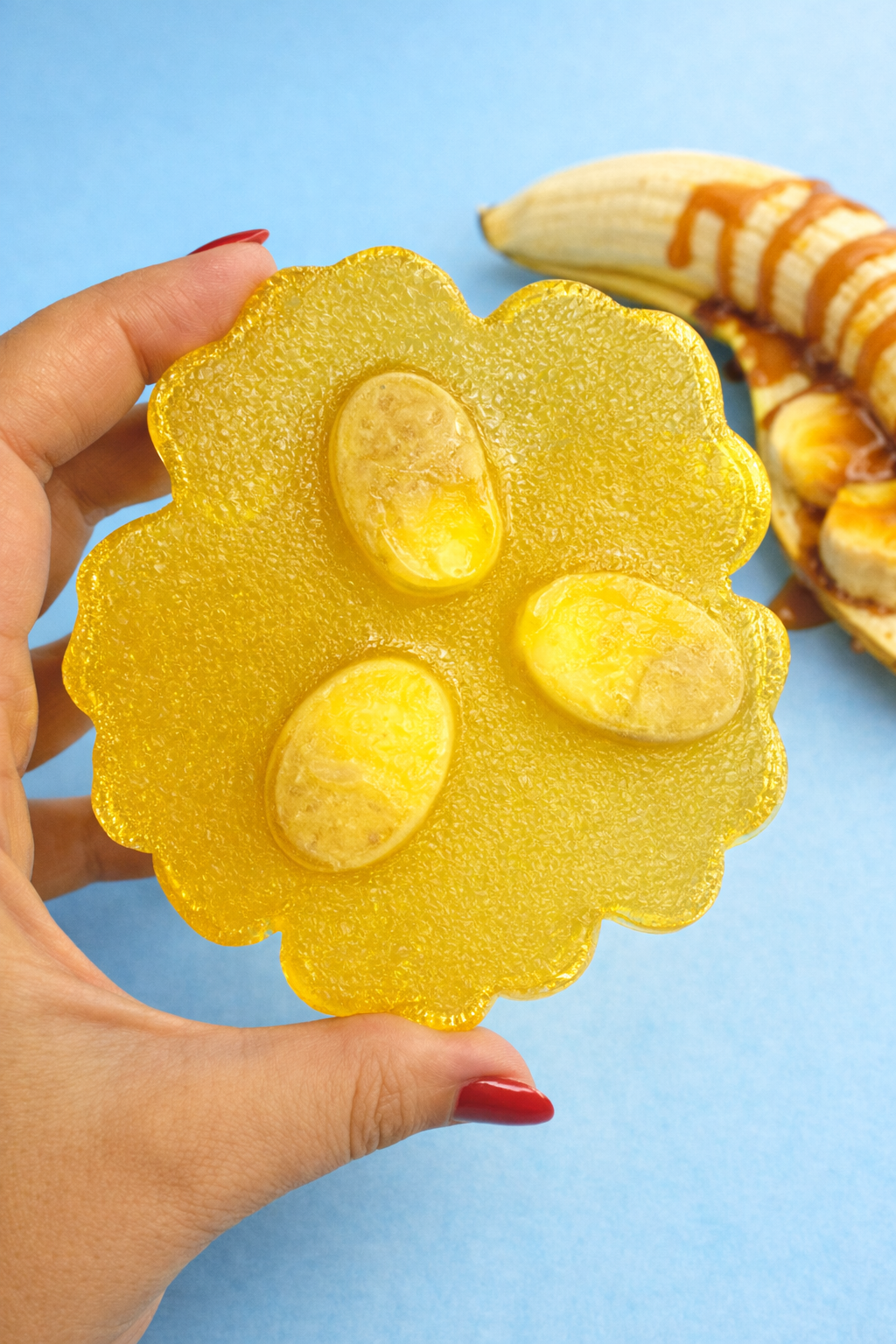 Bananas Foster Crystal Blossom Slice with mini Swedish Caramel Banana Ovals