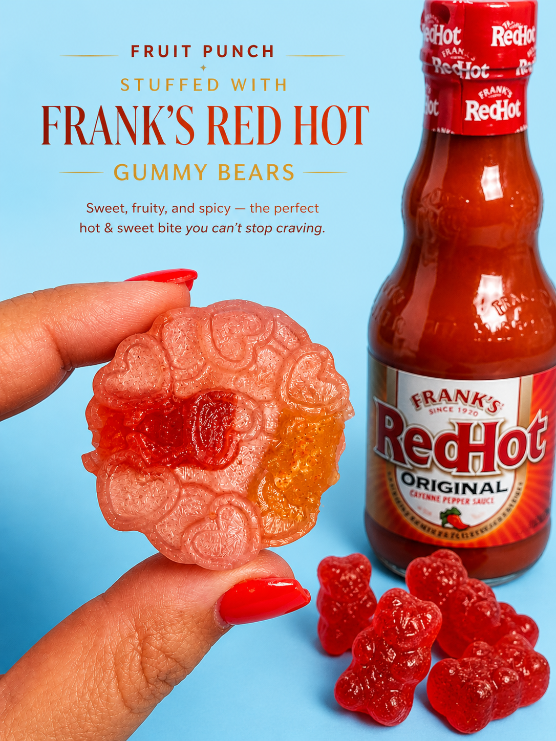 Fruit Punch Crystal Candy Stuffed with Frank’s Red Hot Gummy Bears – Sweet & Spicy Kohakutou Gem