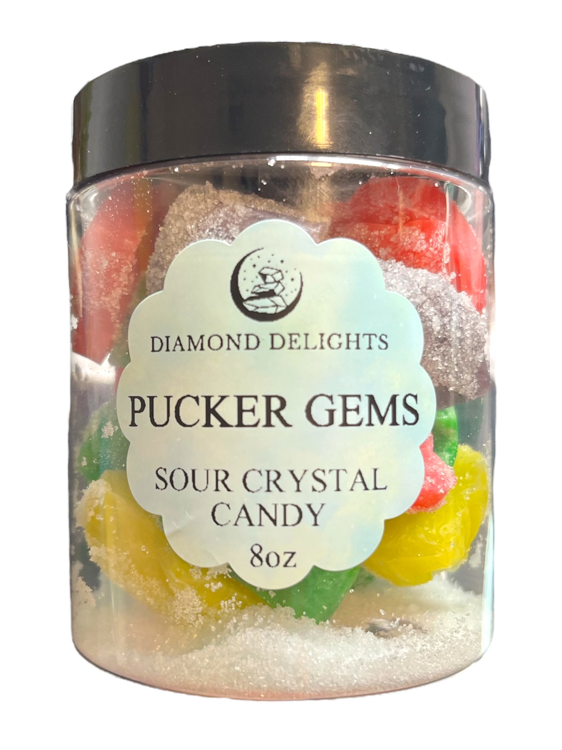 Jar of Diamond Delights Pucker Gems Sour Crystal Candy with a visible label.