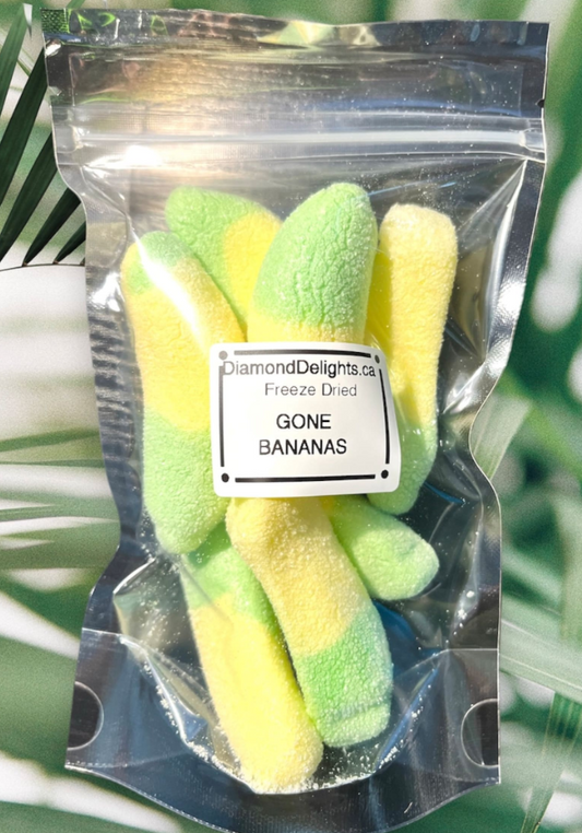 Diamond Delights Freeze Dried Gone Bananas bag. Includes 7-8 freeze dried banana marshmallows  Every bag is different and won’t always look like the picture